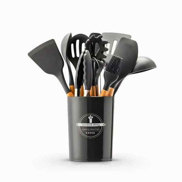 Kit Utensílios Cozinha 12 Peças Silicone Antiaderente - CINZ